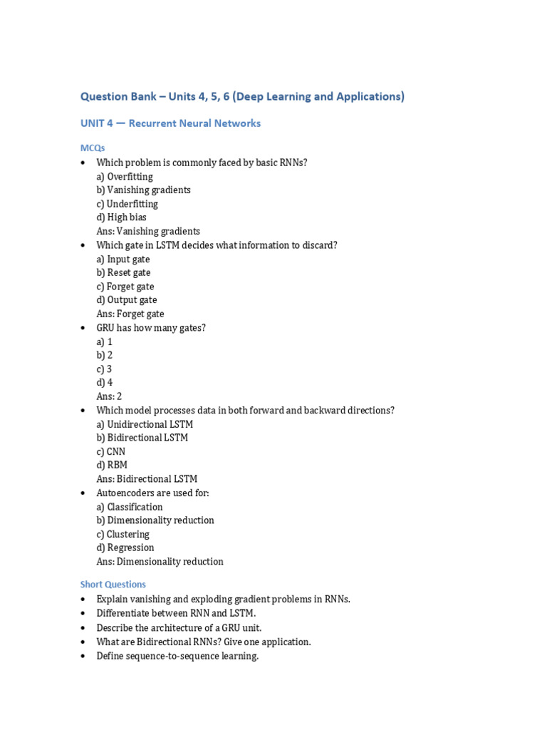 Deep Learning - Question Bank | PDF | Artificial Intelligence ...