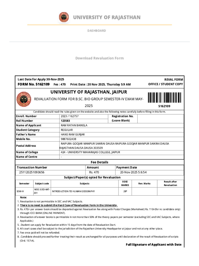 Rajasthan University B.Sc. Revaluation Form | PDF | Chess Openings | Chess
