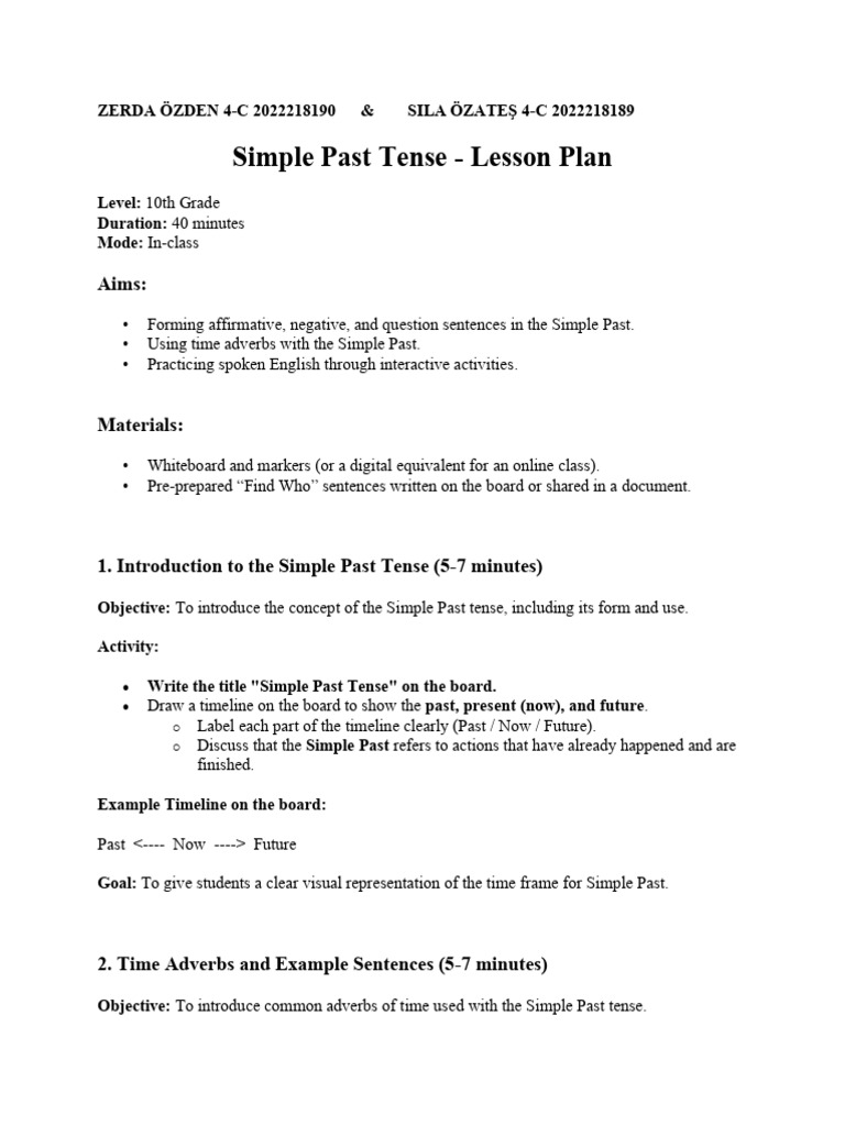 Simple Past Tense Lesson Plan for 10th Grade | PDF | Grammatical Tense ...