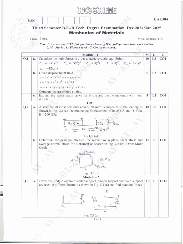 Mechanics of Materials Exam Guide | PDF | Stress (Mechanics) | Bending