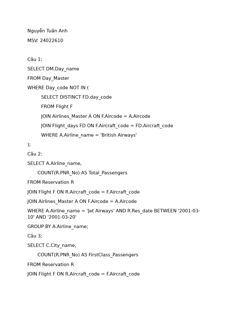 SQL Queries for Airline Data Analysis | PDF