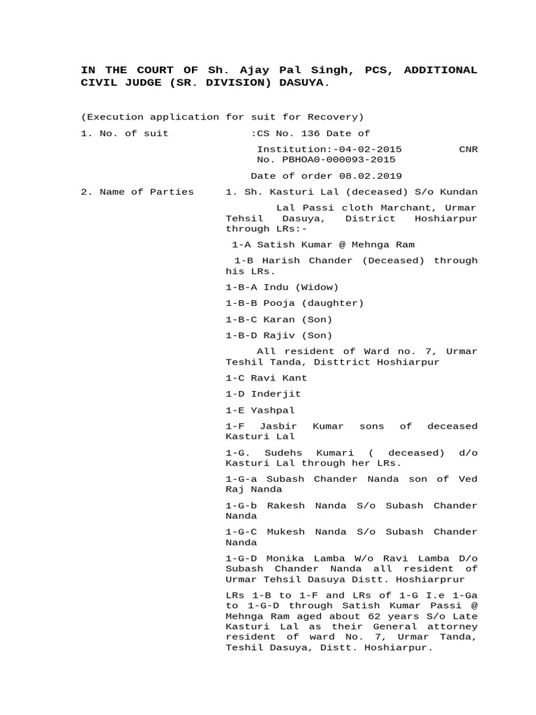 Execution Application for Suit for Recovery) BALKAR JI | PDF | Chess ...