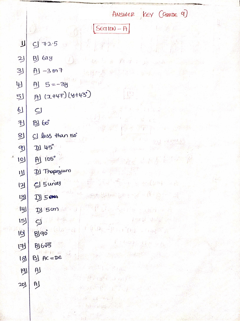 Grade 9 Maths Answer Key-1 | PDF