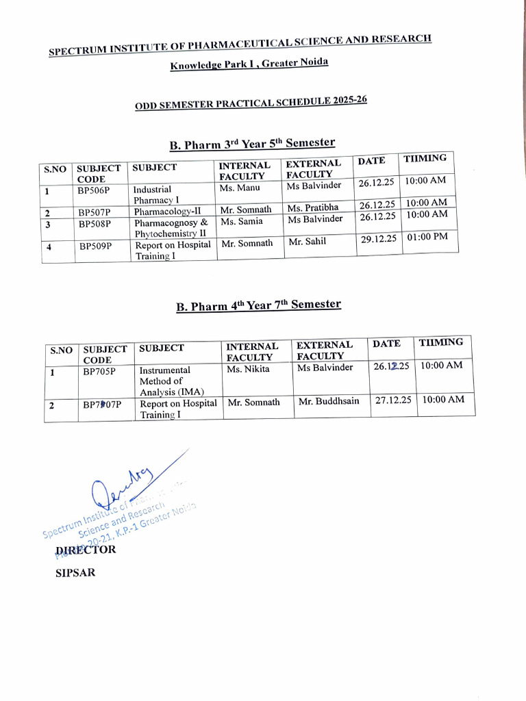 2025-26 Pharmacy Practical Schedule | PDF