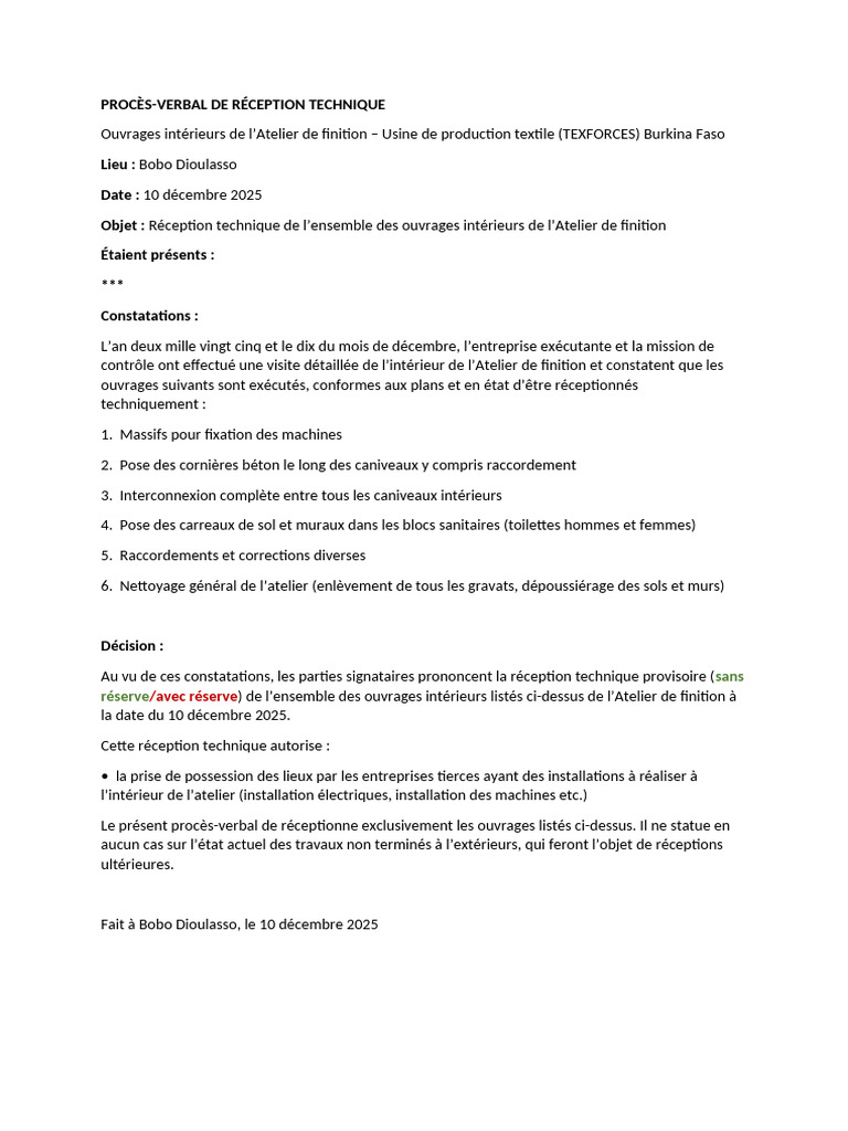 Réception technique Atelier de finition TEXFORCES | PDF