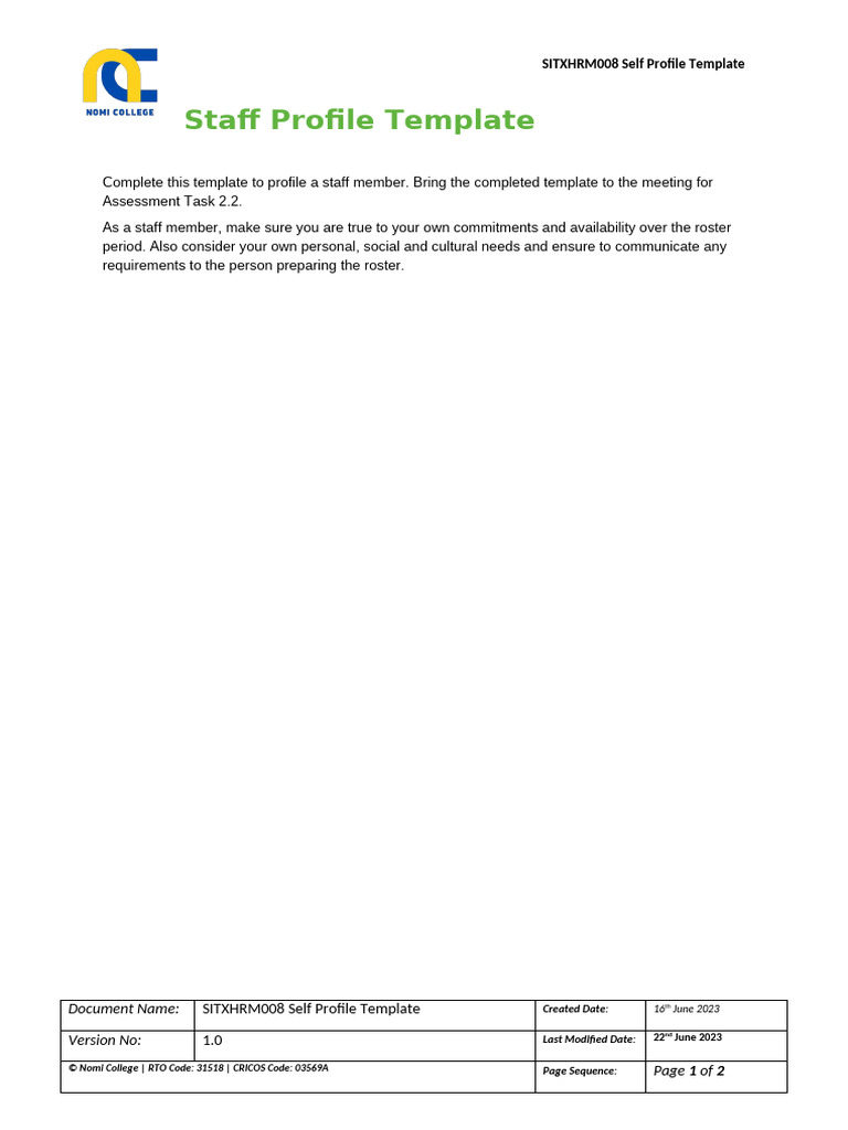 Staff Self Profile Template for Chefs | PDF | Chef | Cooking