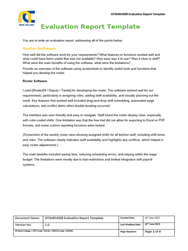 Roster Software Evaluation Report Template | PDF | Software | Business