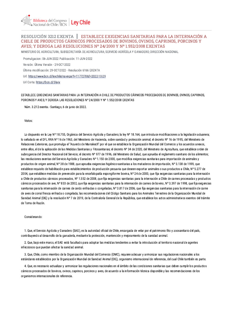Resolución 3212 EXENTA 11-JUN-2022 | PDF | Carne | Influenza