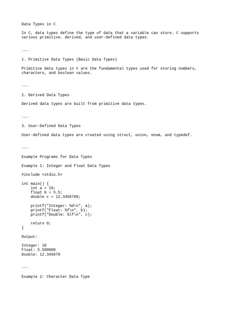 C Data Types: Primitive to User-Defined | PDF