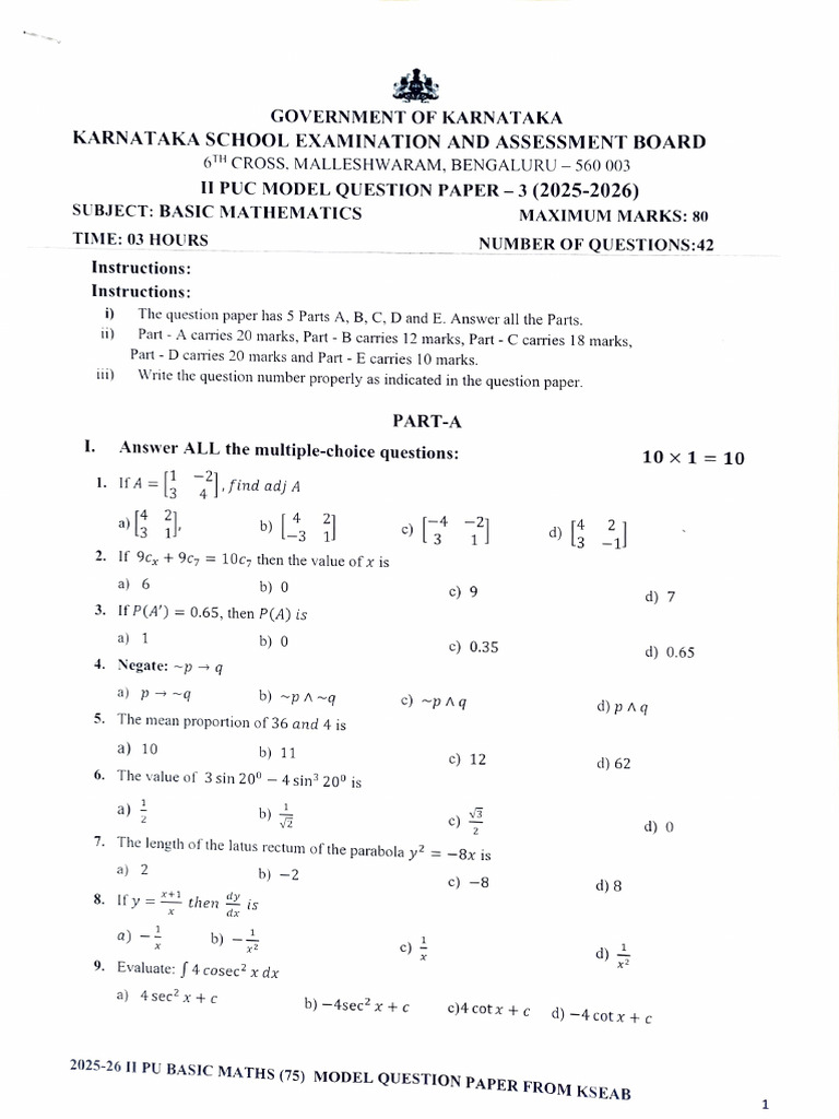 Karnataka II PUC Basic Maths Model Paper | PDF