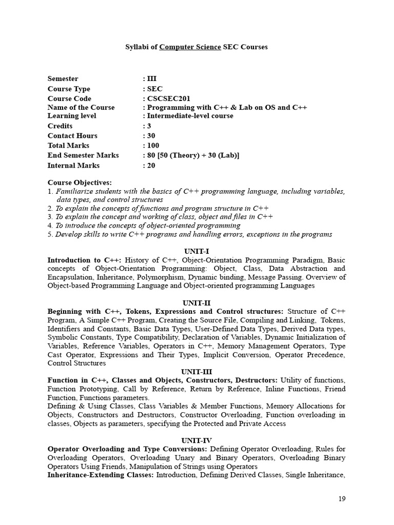 SEC201--Syllabus | PDF | Class (Computer Programming) | C++