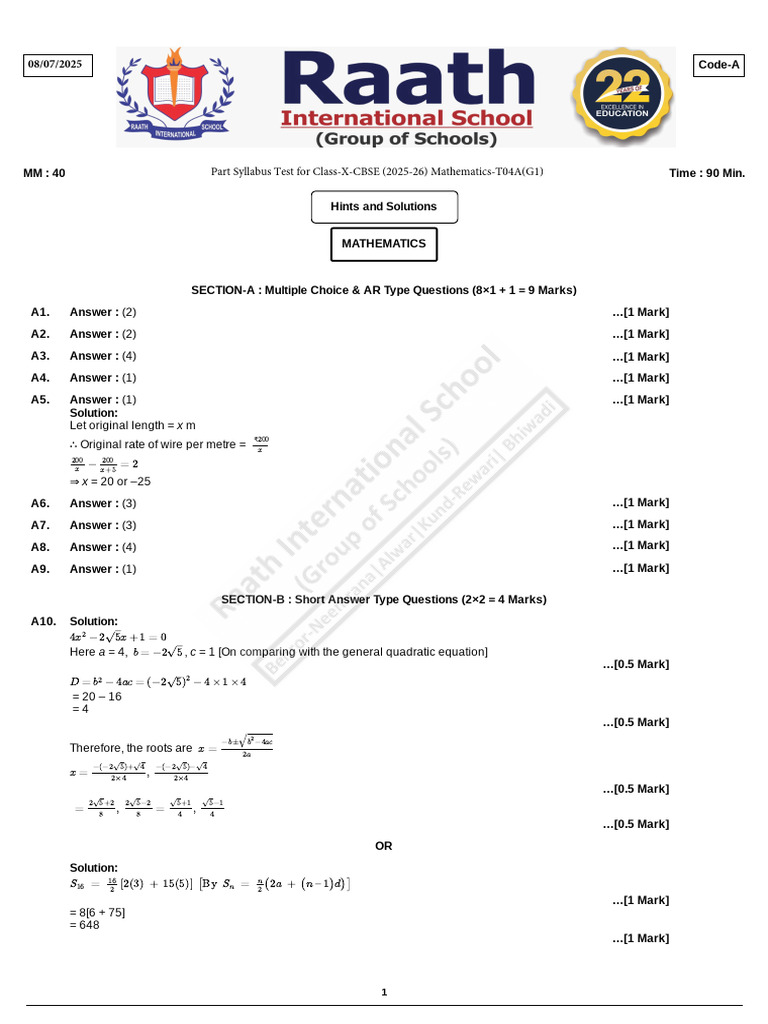 Mathematics Test Solutions for Class X | PDF | Mathematics