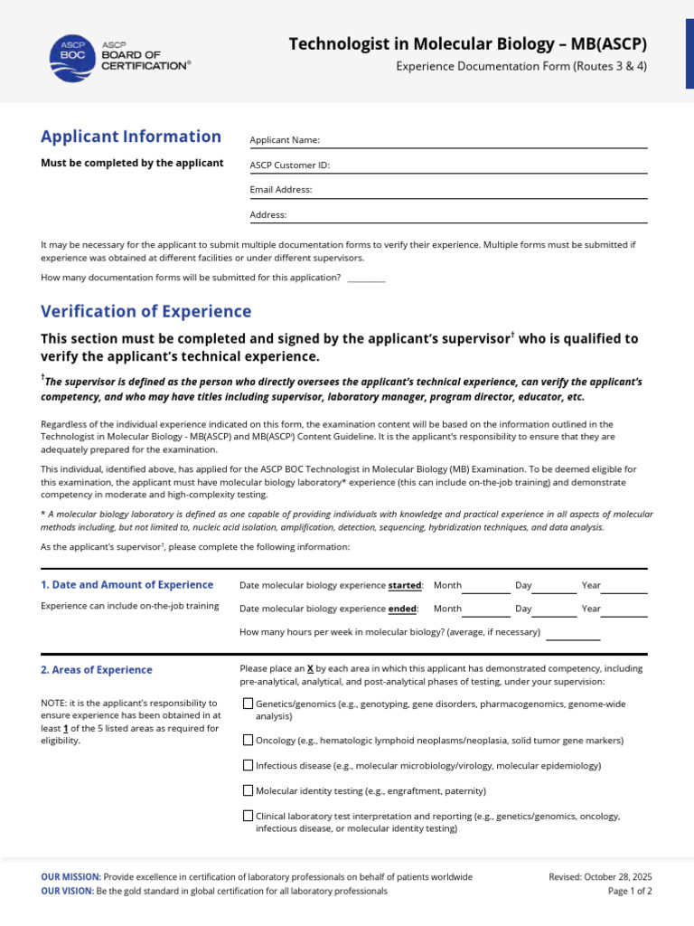 Molecular Biology Technologist Experience Form | PDF | Molecular ...