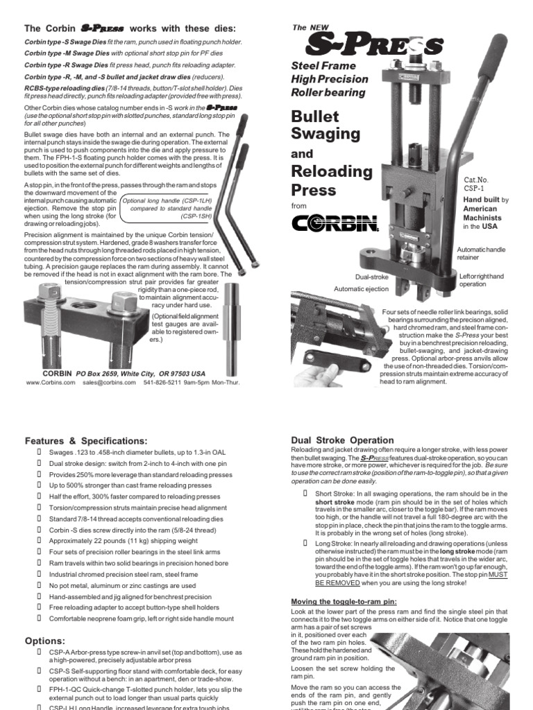 Corbin S-PRESS: Precision Reloading & Swaging | PDF