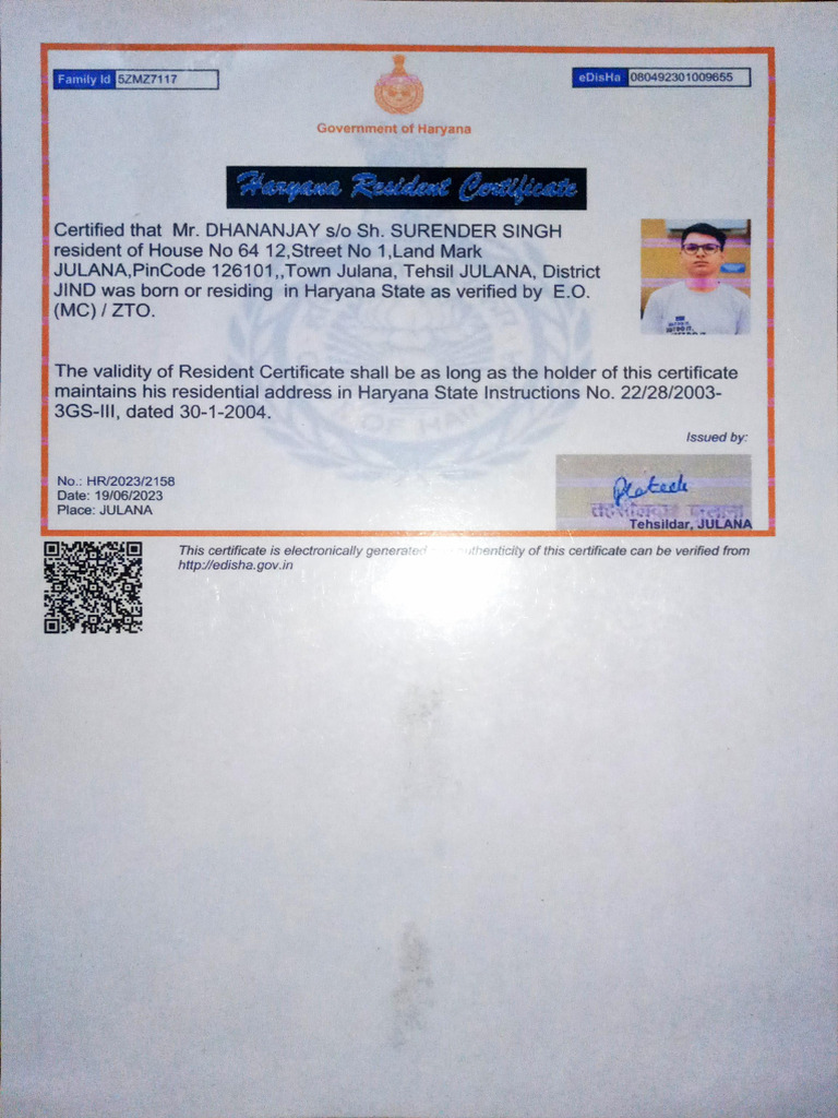 Haryana Backward Class Certificate for Dhananjay | PDF | Government Of ...
