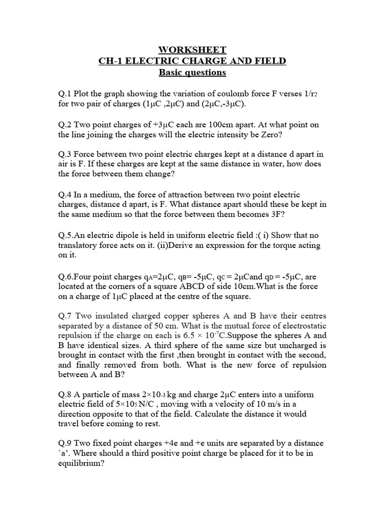 Electric Charge and Field Worksheet | PDF | Electromagnetic Induction ...
