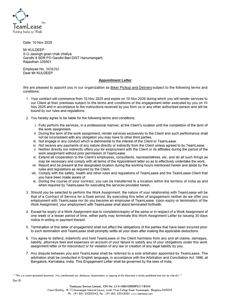 Biker Pickup and Delivery Appointment Letter | PDF | Employment | Salary