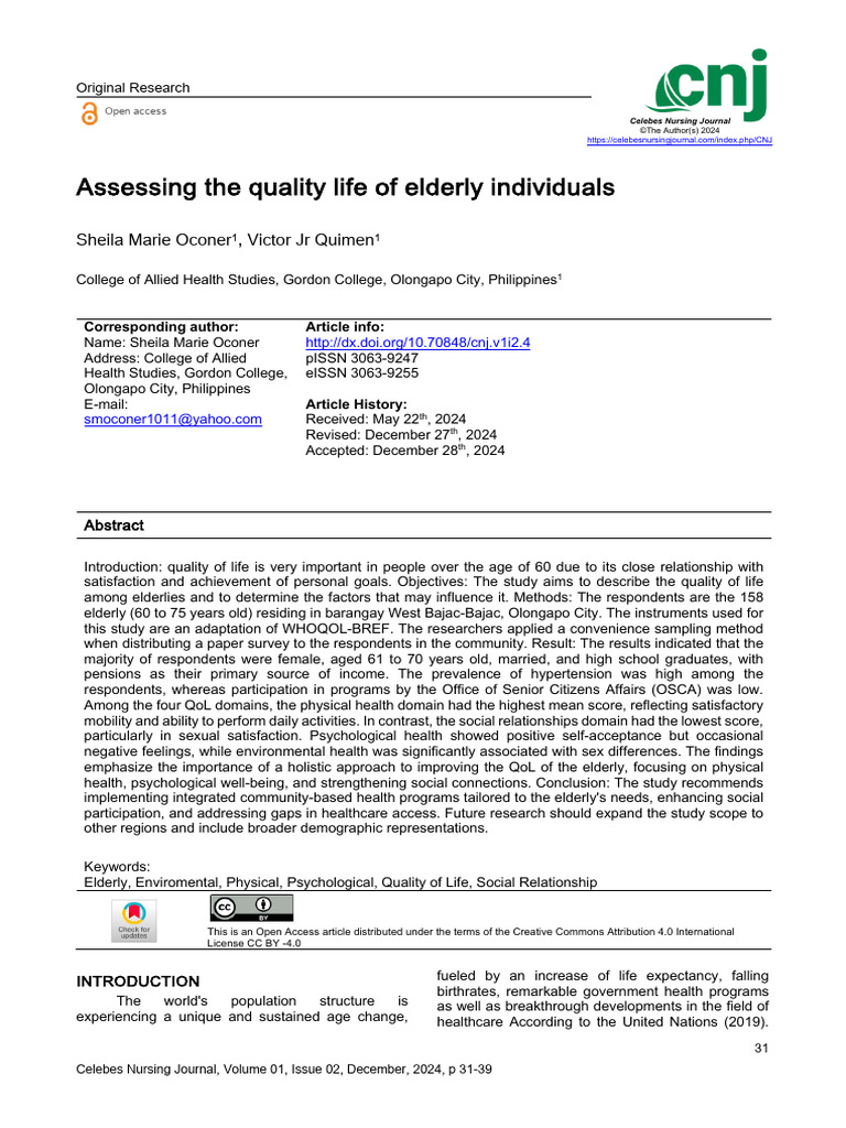 Assessing the Quality Life of Elderly Individuals | PDF | Depression ...