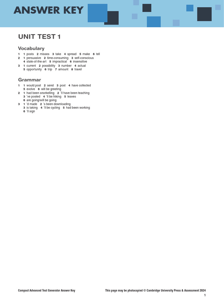 Compact Advanced Unit Test 1 Answer Key | PDF