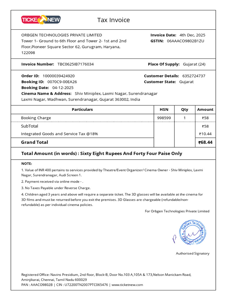 Tax Invoice for Shiv Miniplex Booking | PDF