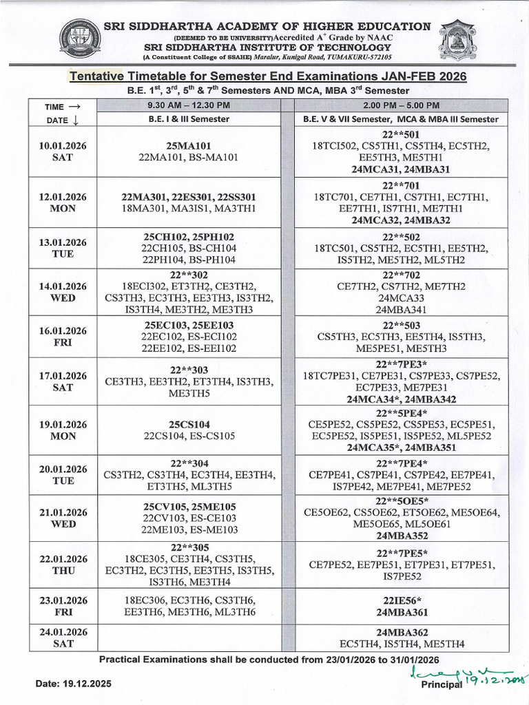 Semester Exam Timetable Jan-Feb 2026 | PDF