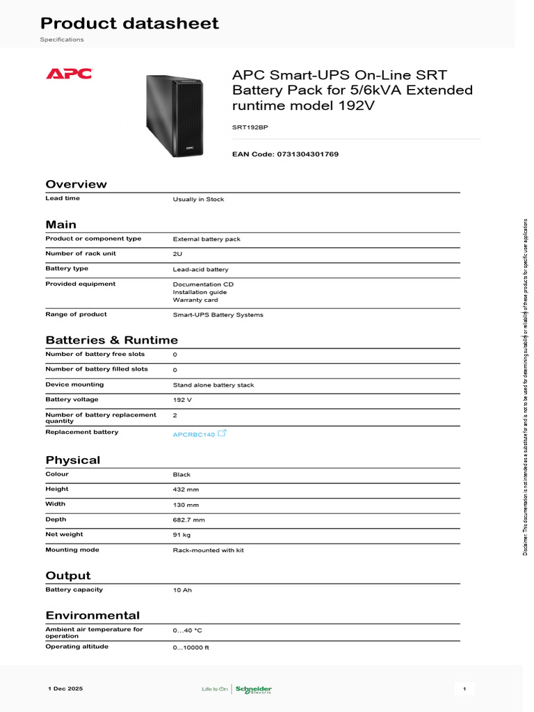 APC SRT192BP Battery Pack Overview | PDF