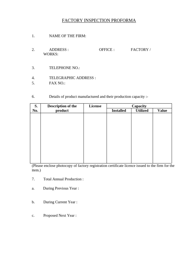 Factory Inspection Proforma Template | PDF