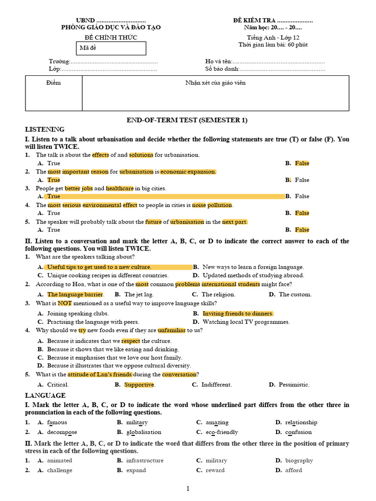 English Test for 12th Grade Students | PDF | Marie Curie