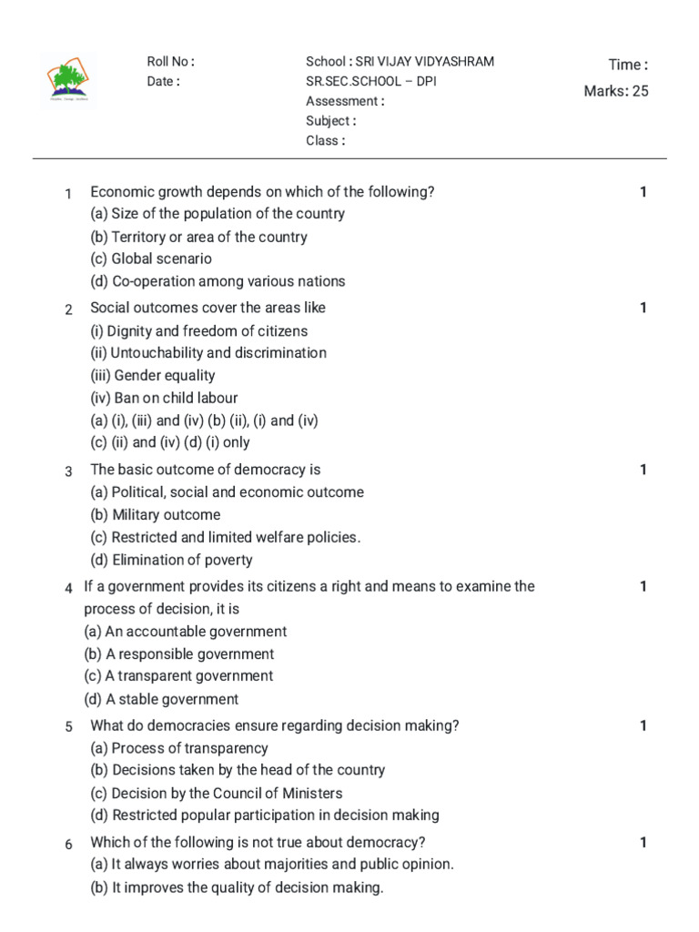 Toppers Worksheet - Outcomes of Democracy | PDF | Democracy | Political ...