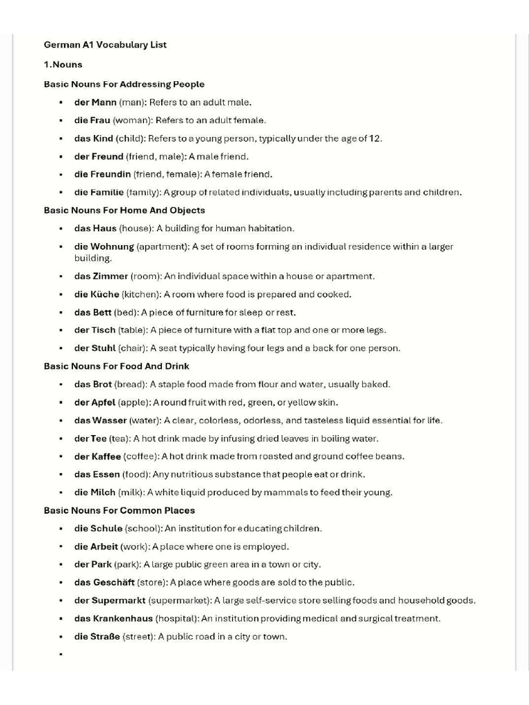 German A1 Vocabulary List | PDF