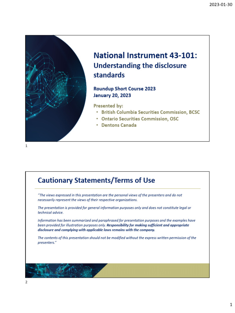 NI 43 101 - 的披露要求 | PDF | Securities (Finance) | Nickel