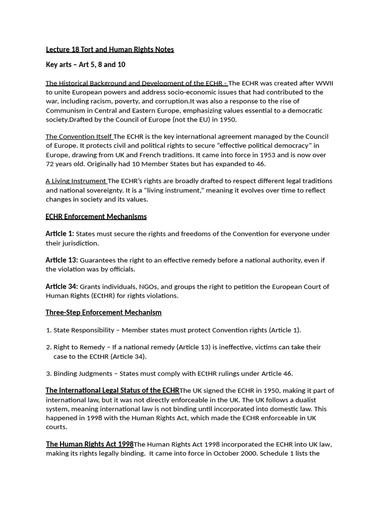ECHR and Human Rights Act Overview | PDF | Tort | Defamation