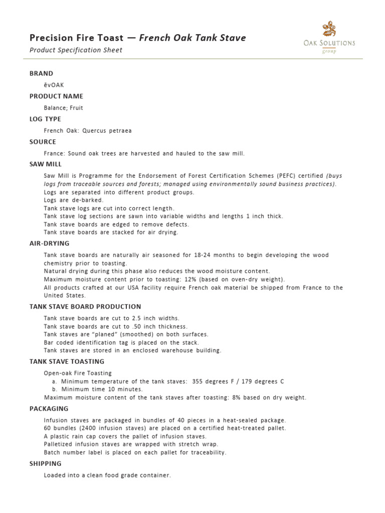 French Oak Tank Stave Specifications | PDF