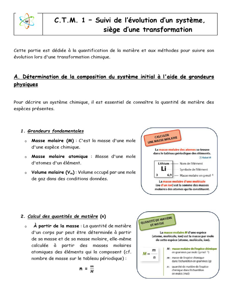 Suivi de la matière en transformation chimique | PDF