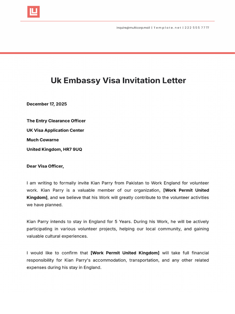 UK Visa Invitation Letter Template | PDF