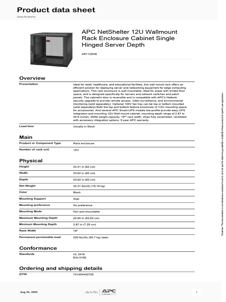 APC APC NetShelter Wallmount Enclosures AR112SH6 | PDF