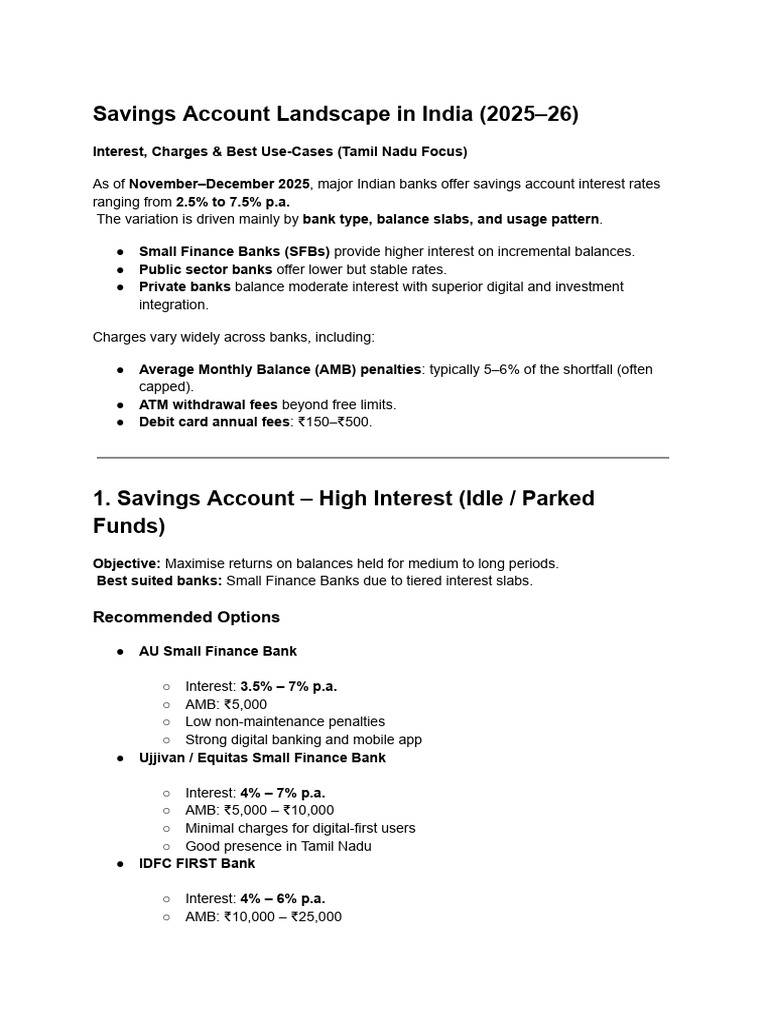 Savings Accounts in India: 2025-26 Guide | PDF | Banks | Interest