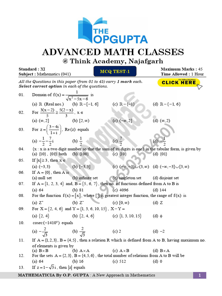 Advanced Math MCQs for Class XI | PDF | Set (Mathematics) | Mathematics