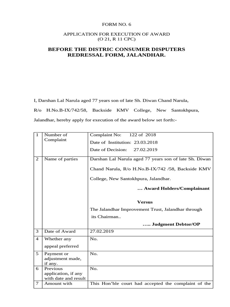Execution Application for Consumer Award | PDF | Common Law