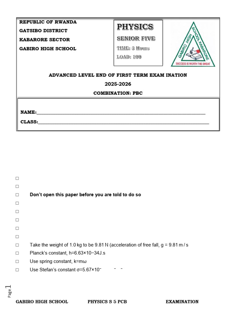 Grade 11 (S5) Physics Revision Questions | PDF | Pendulum | Light