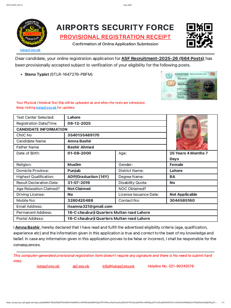 ASF Recruitment Provisional Registration | PDF