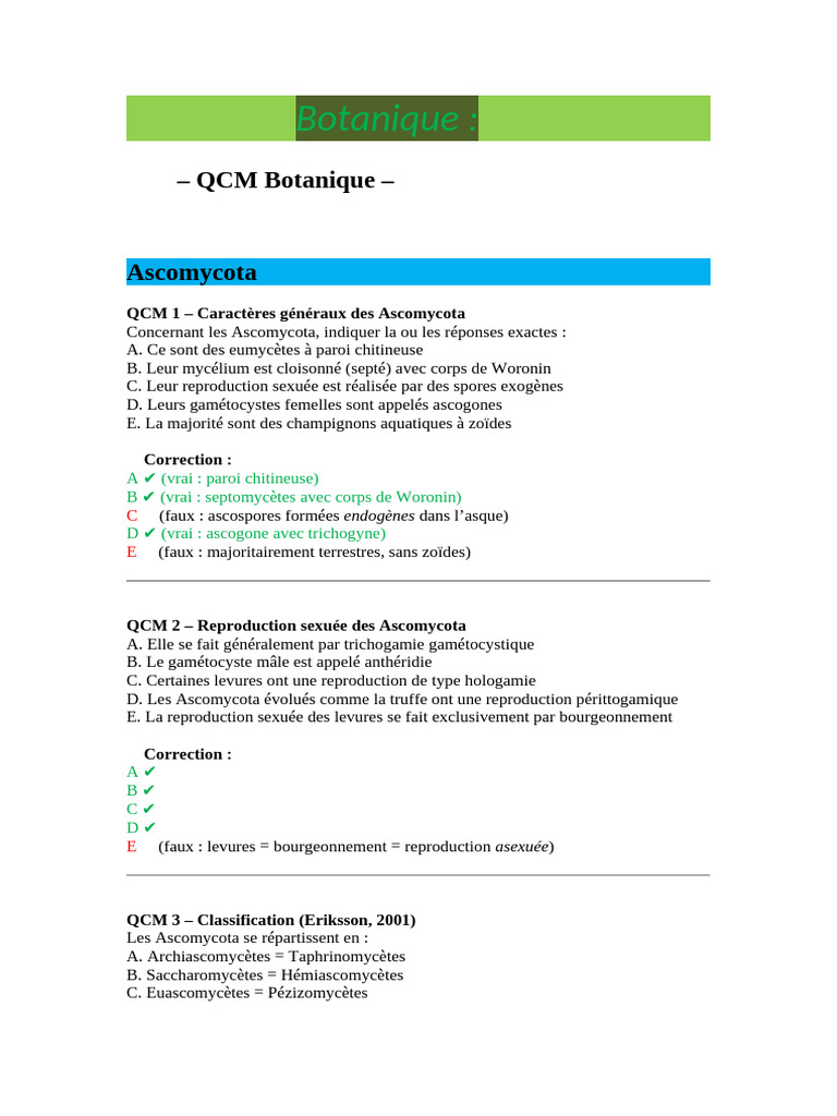 QCM sur les Ascomycètes et Basidiomycètes | PDF | Mycologie