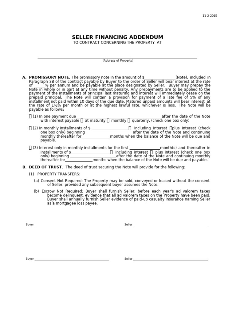 Seller Financing Addendum Template | PDF | Promissory Note | Interest