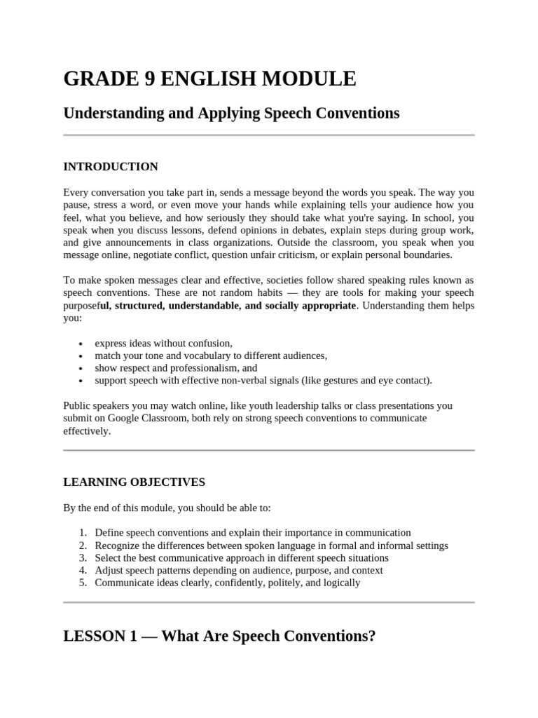 Grade 9 Speech Conventions Guide | PDF | Nonverbal Communication | Speech
