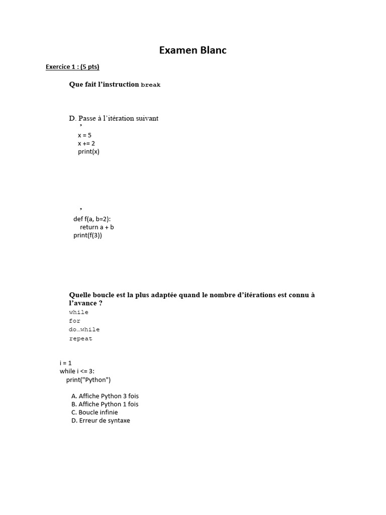 Questions et exercices Python pratiques | PDF | Structure de contrôle ...