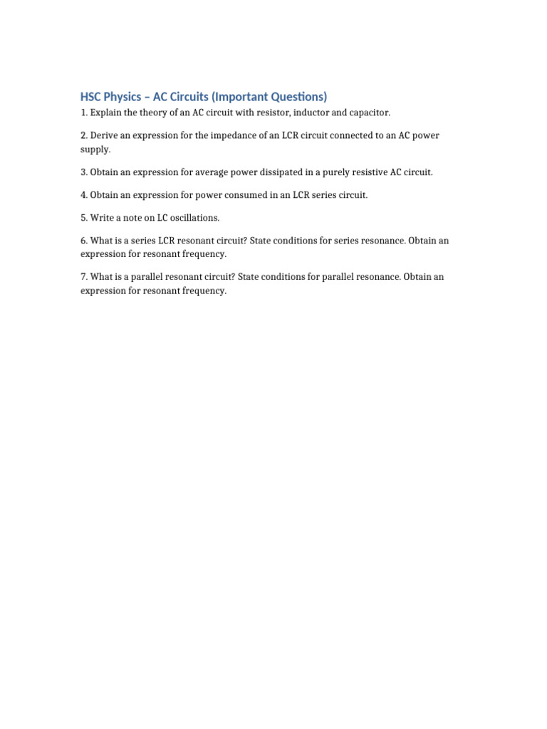 AC Circuits Important Questions HSC | PDF