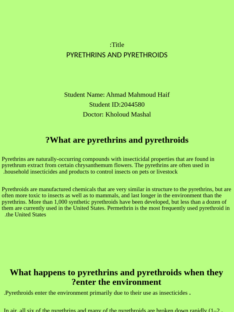 Pyrethrins and Pyrethroids Overview | PDF | Toxicology