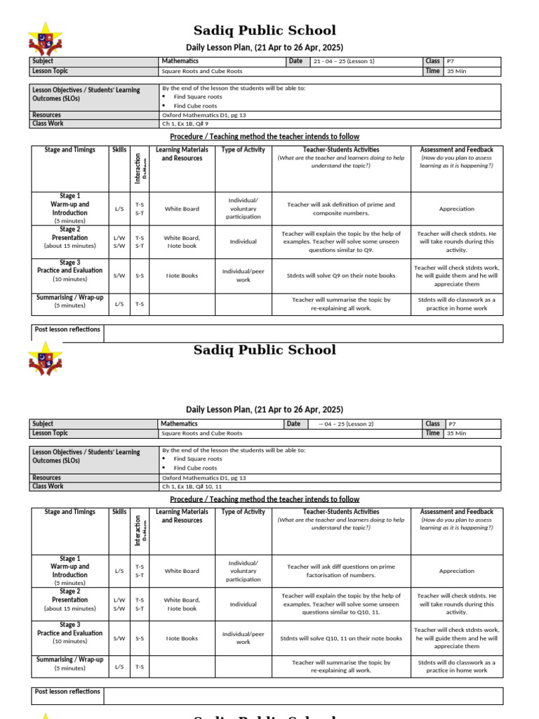P7 Mathematics Lesson Plans: Roots & HCF/LCM | PDF | Teaching Method ...