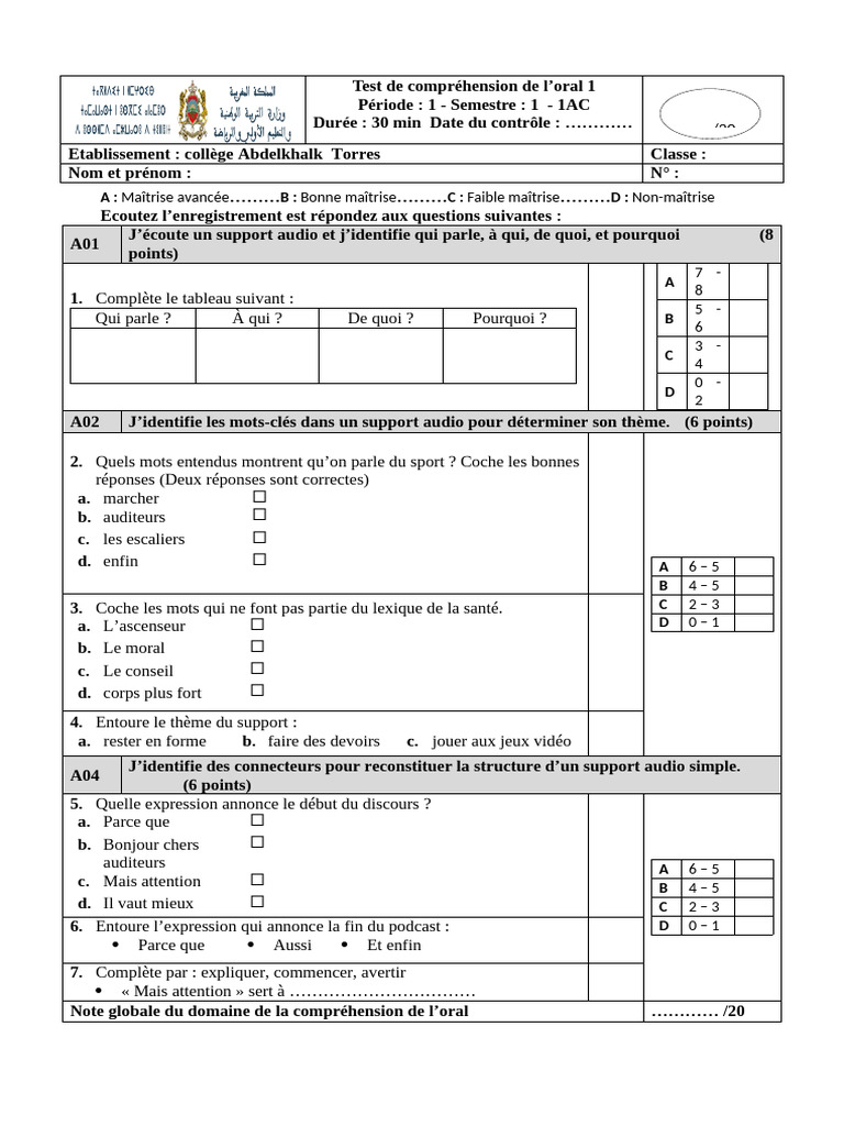 Test de compréhension orale 1AC | PDF