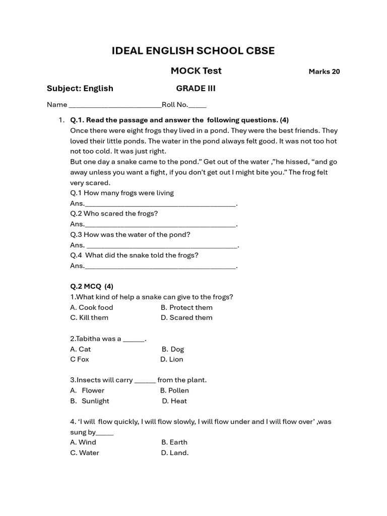 Grade 3 English Mock Test CBSE | PDF | Sentence (Linguistics) | Grammar